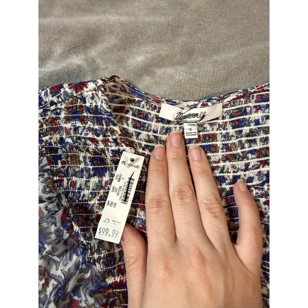 NWT Madewell Smocked Split Crewneck Top Cherry Red Blue Size Small Long Sleeve - Picture 6 of 9